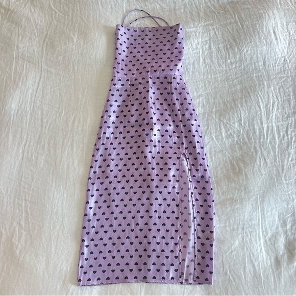 COLLECTIVE THE LABEL 💜 Open Back Strapless Satin Midi Heart Print Slip Dress - Picture 3 of 8